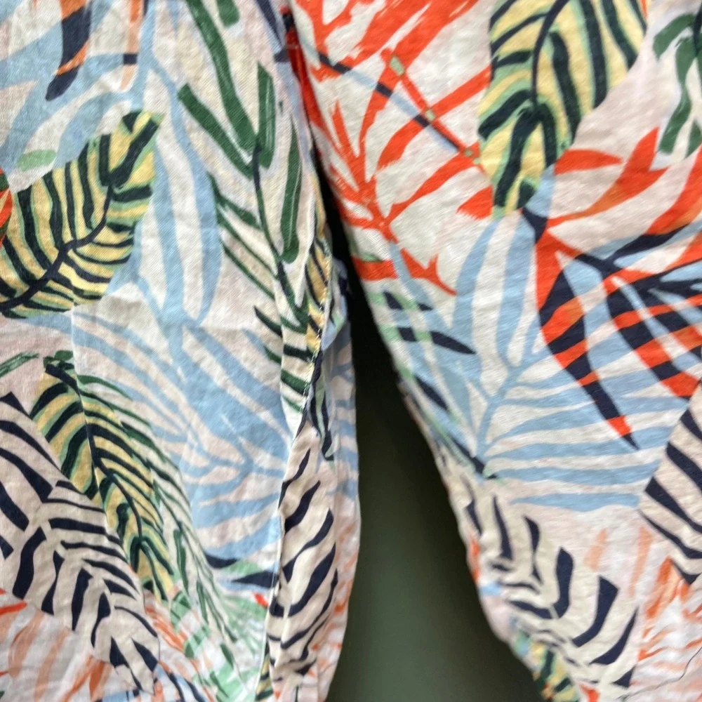 Tahari Womens‎ 1X Linen Wide Leg Tropical Palm Leaf Print Pants Multi-Color